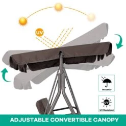 Outdoor 3-Person Steel Porch Swing With Adjust Canopy In Brown -Jearey jearey porch swings qq brown c3 1000