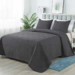 2-Piece Dark Gray Modern Microfiber Twin/Twin-XL-Quilt-Set Quilt Set