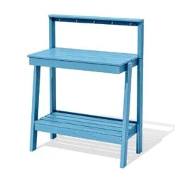 45.5 In. H X 34.8 In. W X 17.7 In. D Light Blue HDPE Potting Bench Table, Multi-Purpose Plant And Storage Shelf