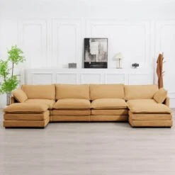 147 In. W 6-Piece Modern Fabric Sectional Sofa With Ottoman In Light Brown