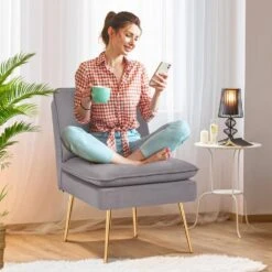 Grey 1-Piece Armless Upholstered Leisure Tight Back Accent Side Chair With Cushion -Jearey light grey jearey ottomans e11xxy hd gy 31 1000