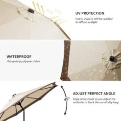 10 Ft. Steel Lighted Market Tilt Solar Umbrella With Crank In Beige And Brown Splicing -Jearey market umbrellas 10dz zzs bbs 66 1000
