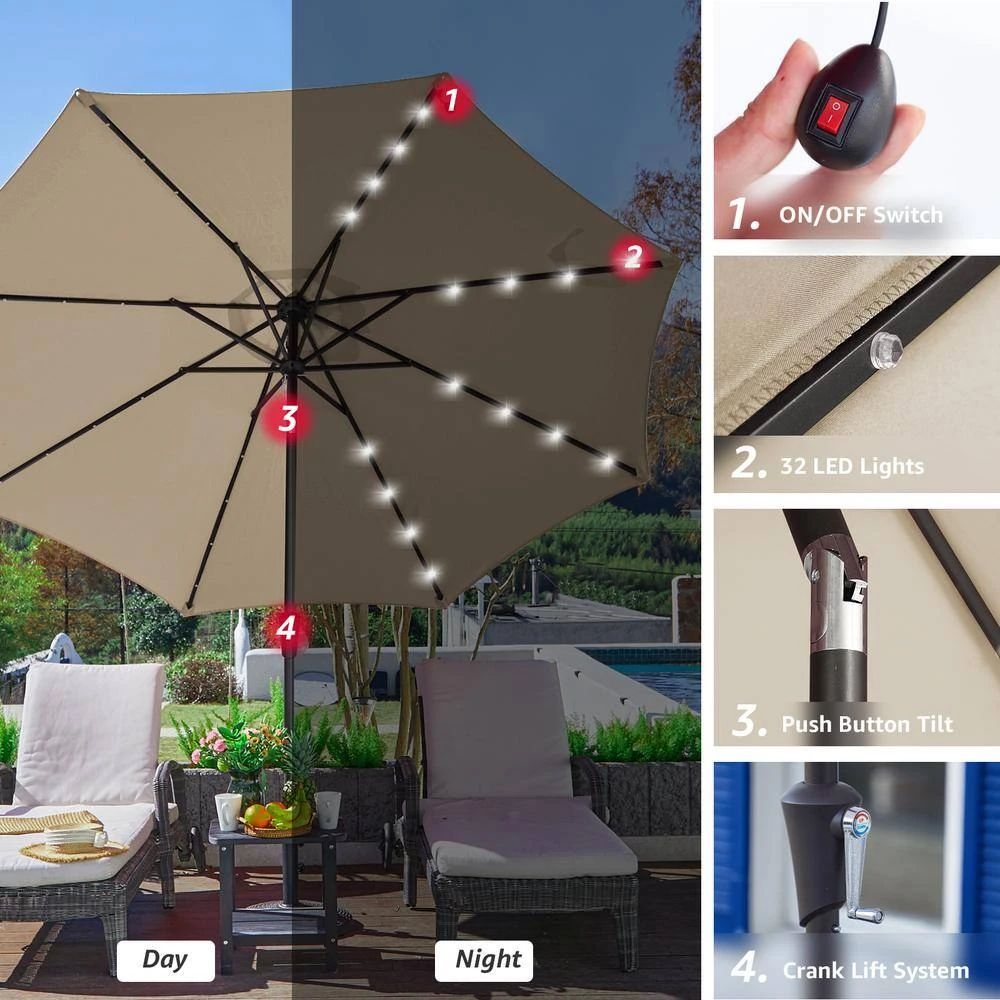 10 Ft. Steel Lighted Market Tilt Solar Umbrella With Crank In Beige 5 10 Ft. Steel Lighted Market Tilt Solar Umbrella With Crank In Beige - Image 5