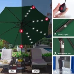 10 Ft. Steel Lighted Market Tilt Solar Umbrella With Crank In Dark Green -Jearey market umbrellas 10dz zzs dg d4 1000