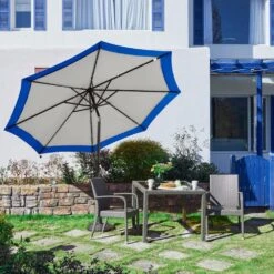 10 Ft. Steel Lighted Market Tilt Solar Umbrella With Crank In Gray And Blue Splicing -Jearey market umbrellas 10dz zzs gbs 40 1000