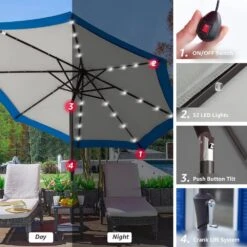 10 Ft. Steel Lighted Market Tilt Solar Umbrella With Crank In Gray And Blue Splicing -Jearey market umbrellas 10dz zzs gbs d4 1000