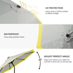 10 Ft. Steel Lighted Market Tilt Solar Umbrella With Crank In Gray And Yellow Splicing -Jearey market umbrellas 10dz zzs gys 66 1000