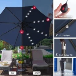 10 Ft. Steel Lighted Market Tilt Solar Umbrella With Crank In Navy -Jearey market umbrellas 10dz zzs navy d4 1000