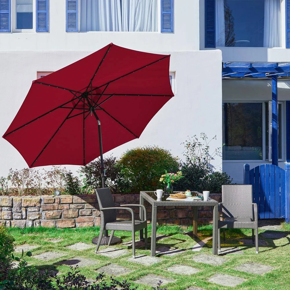 10 Ft. Steel Lighted Market Tilt Solar Umbrella With Crank In Red 2 10 Ft. Steel Lighted Market Tilt Solar Umbrella With Crank In Red - Image 2