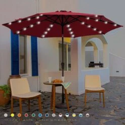 10 Ft. Steel Lighted Market Tilt Solar Umbrella With Crank In Red