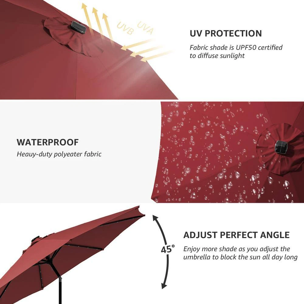 10 Ft. Steel Lighted Market Tilt Solar Umbrella With Crank In Red 3 10 Ft. Steel Lighted Market Tilt Solar Umbrella With Crank In Red - Image 3