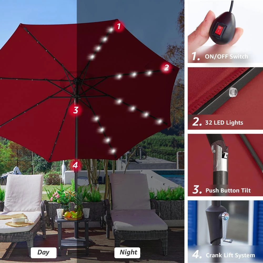 10 Ft. Steel Lighted Market Tilt Solar Umbrella With Crank In Red 5 10 Ft. Steel Lighted Market Tilt Solar Umbrella With Crank In Red - Image 5