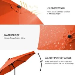 10 Ft. Steel Outdoor Patio Market Umbrella With Lights In Orange -Jearey market umbrellas 11cbzzs brown 4f 1000