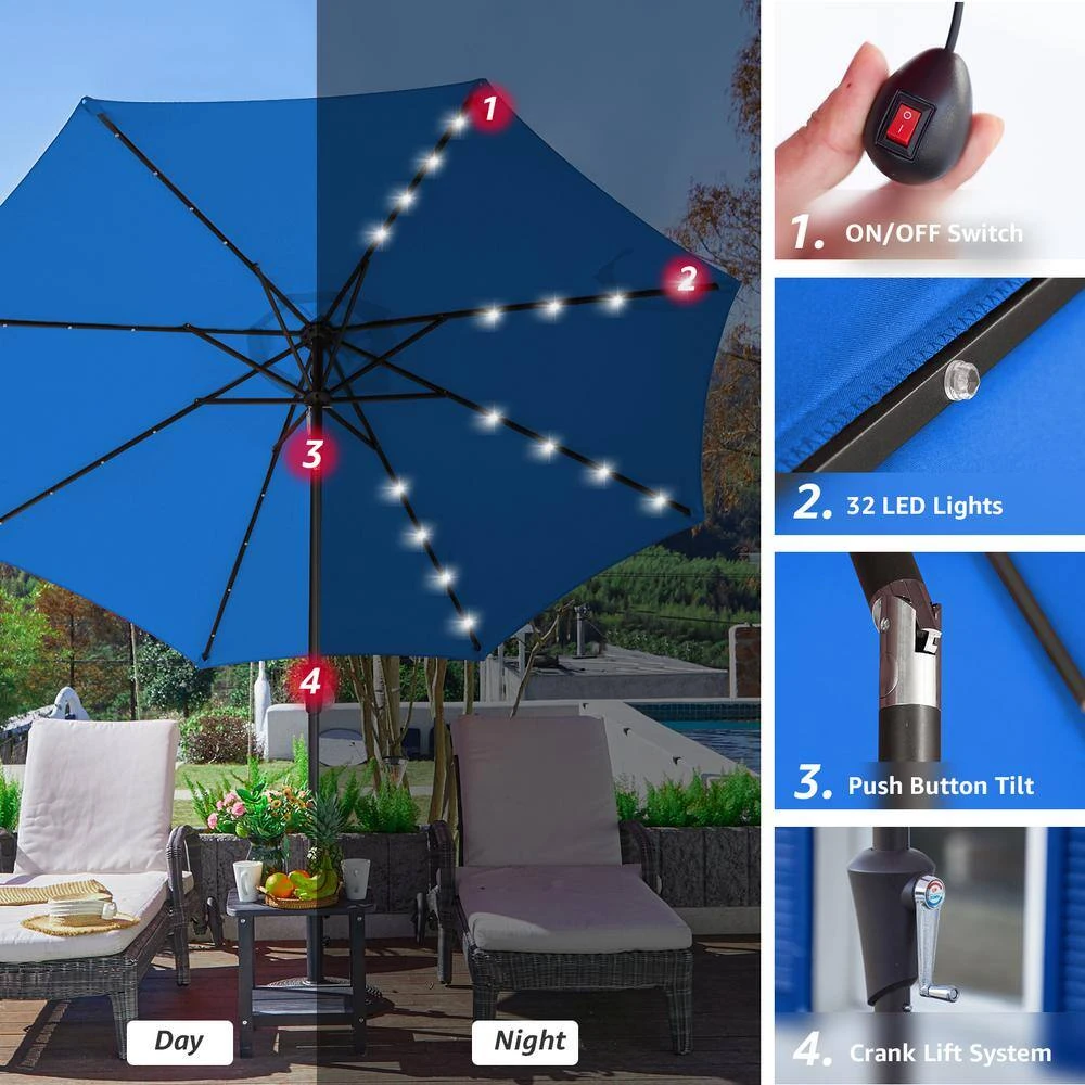 10 Ft. Steel Outdoor Patio Market Umbrella With Lights In Blue 2 10 Ft. Steel Outdoor Patio Market Umbrella With Lights In Blue - Image 2
