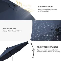 10 Ft. Steel Outdoor Patio Market Umbrella With Lights In Navy -Jearey market umbrellas 11cbzzs navy 4f 1000