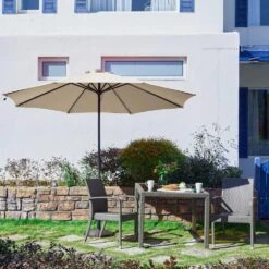 11 Ft. LED Lights Steel Outdoor Market Solar Patio Umbrella In Beige -Jearey market umbrellas 11dz zzs beige 31 1000