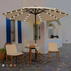 11 Ft. LED Lights Steel Outdoor Market Solar Patio Umbrella In Beige