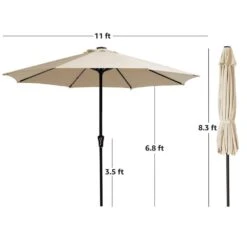 11 Ft. LED Lights Steel Outdoor Market Solar Patio Umbrella In Beige -Jearey market umbrellas 11dz zzs beige 77 1000