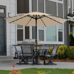 11 Ft. LED Lights Steel Outdoor Market Solar Patio Umbrella In Beige -Jearey market umbrellas 11dz zzs beige d4 1000