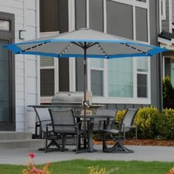 11 Ft. LED Lights Steel Outdoor Market Solar Patio Umbrella In Gray And Blue -Jearey market umbrellas 11dz zzs gbs 31 1000