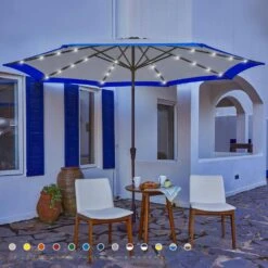 11 Ft. LED Lights Steel Outdoor Market Solar Patio Umbrella In Gray And Blue