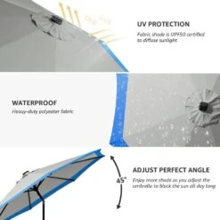 11 Ft. LED Lights Steel Outdoor Market Solar Patio Umbrella In Gray And Blue -Jearey market umbrellas 11dz zzs gbs 77 1000