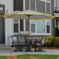 11 Ft. LED Lights Steel Outdoor Market Solar Patio Umbrella In Gray And Yellow -Jearey market umbrellas 11dz zzs gys 31 1000
