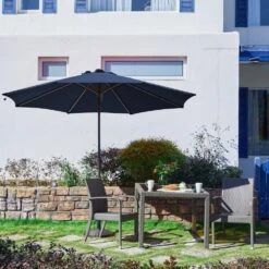 11 Ft. LED Lights Steel Outdoor Market Solar Patio Umbrella In Navy -Jearey market umbrellas 11dz zzs navy 31 1000