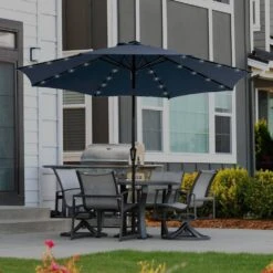 11 Ft. LED Lights Steel Outdoor Market Solar Patio Umbrella In Navy -Jearey market umbrellas 11dz zzs navy d4 1000