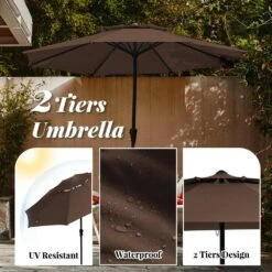 11 Ft. 2 -Tiers 8 Sturdy Ribs Outdoor Market Patio Umbrellas With Crank Lift In Brown -Jearey market umbrellas 11sc zzs bn 77 1000