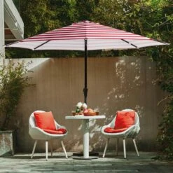 11 Ft. Steel Crank Lift Patio Umbrella In Red And White Stripes