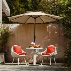 9FT Two Layer Wind Vent Patio Market Umbrella With Push Button And Tilt Crank Lifting In Beige