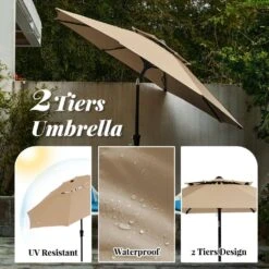 9FT Two Layer Wind Vent Patio Market Umbrella With Push Button And Tilt Crank Lifting In Beige -Jearey market umbrellas 2ly 9ft be 66 1000