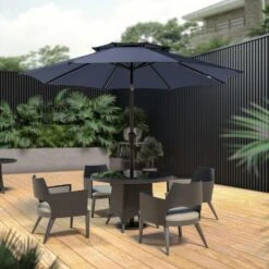 9FT Two Layer Wind Vent Patio Market Umbrella With Push Button And Tilt Crank Lifting In Navy