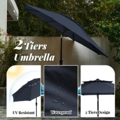 9FT Two Layer Wind Vent Patio Market Umbrella With Push Button And Tilt Crank Lifting In Navy -Jearey market umbrellas 2ly 9ft ny a0 1000