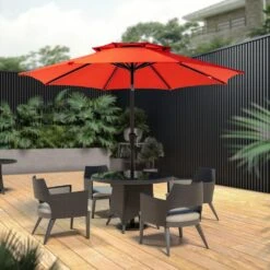 9FT Two Layer Wind Vent Patio Market Umbrella With Push Button And Tilt Crank Lifting In Orange