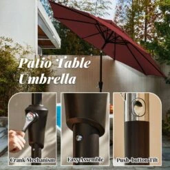 9FT Two Layer Wind Vent Patio Market Umbrella With Push Button And Tilt Crank Lifting In Red -Jearey market umbrellas 2ly 9ft red 1f 1000