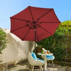 9FT Two Layer Wind Vent Patio Market Umbrella With Push Button And Tilt Crank Lifting In Red -Jearey market umbrellas 2ly 9ft red 40 1000