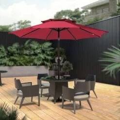 9FT Two Layer Wind Vent Patio Market Umbrella With Push Button And Tilt Crank Lifting In Red