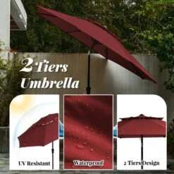 9FT Two Layer Wind Vent Patio Market Umbrella With Push Button And Tilt Crank Lifting In Red -Jearey market umbrellas 2ly 9ft red a0 1000