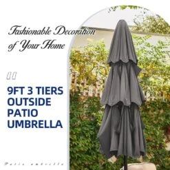 3-Tier 9 Ft. Steel Crank Lift Market Patio Umbrella In Gray -Jearey market umbrellas 3c 9zzs gy 1d 1000