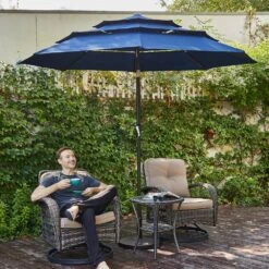 3-Tier 9 Ft. Steel Crank Lift Market Patio Umbrella In Navy -Jearey market umbrellas 3c 9zzs ny 31 1000