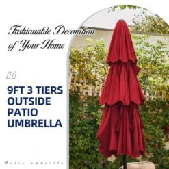 3-Tier 9 Ft. Steel Crank Lift Market Patio Umbrella In Red -Jearey market umbrellas 3c 9zzs rd 1d 1000