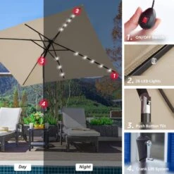 6.5 Ft. X 10 Ft. Steel Lighted Market Tilt Solar Umbrella With Crank In Beige -Jearey market umbrellas 6 5 10dz zzs be d4 1000