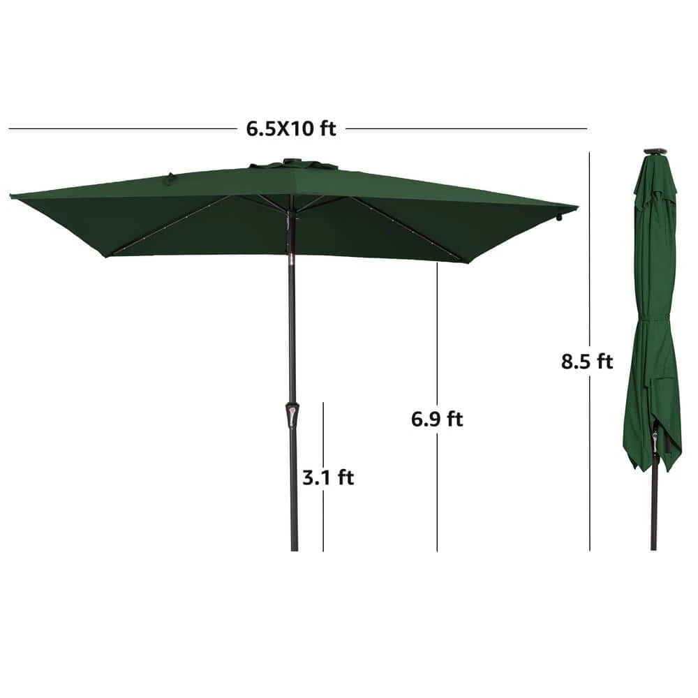6.5 Ft. X 10 Ft. Steel Lighted Market Tilt Solar Umbrella With Crank In Dark Green 1 6.5 Ft. X 10 Ft. Steel Lighted Market Tilt Solar Umbrella With Crank In Dark Green