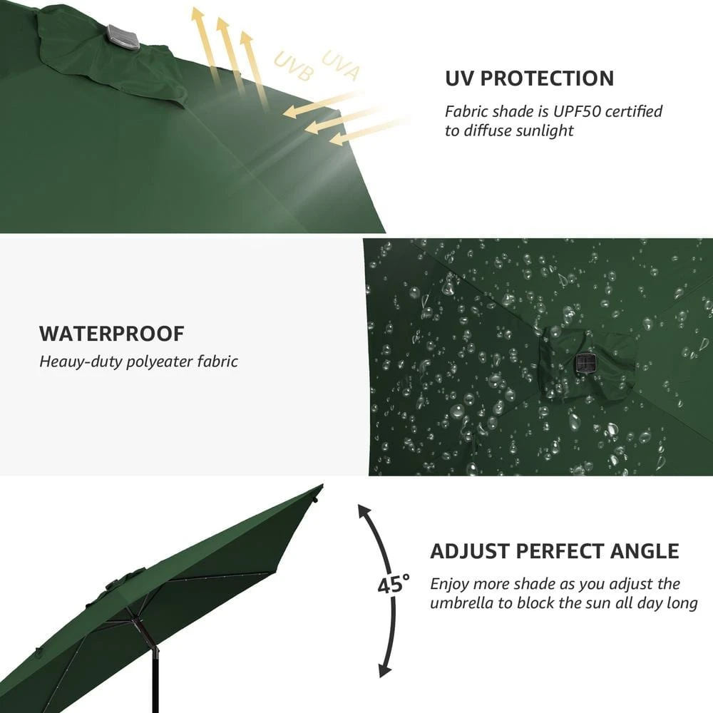 6.5 Ft. X 10 Ft. Steel Lighted Market Tilt Solar Umbrella With Crank In Dark Green 4 6.5 Ft. X 10 Ft. Steel Lighted Market Tilt Solar Umbrella With Crank In Dark Green - Image 4