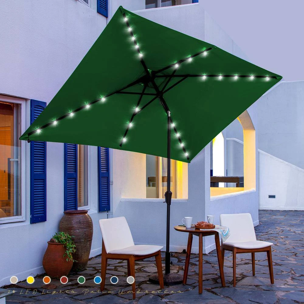 6.5 Ft. X 10 Ft. Steel Lighted Market Tilt Solar Umbrella With Crank In Dark Green 2 6.5 Ft. X 10 Ft. Steel Lighted Market Tilt Solar Umbrella With Crank In Dark Green - Image 2