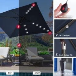 6.5 Ft. X 10 Ft. Steel Lighted Market Tilt Solar Umbrella With Crank In Navy -Jearey market umbrellas 6 5 10dz zzs ny d4 1000