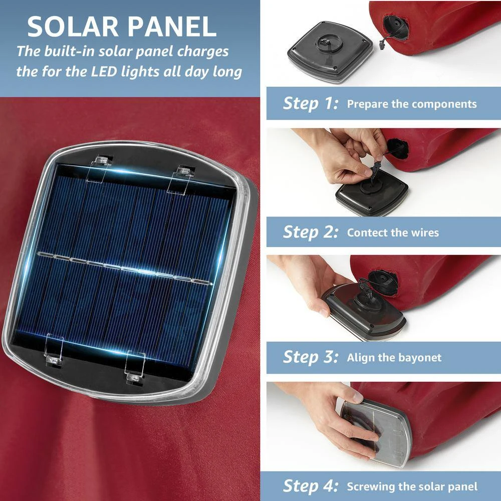 6.5 Ft. X 10 Ft. Steel Lighted Market Tilt Solar Umbrella With Crank In Red 5 6.5 Ft. X 10 Ft. Steel Lighted Market Tilt Solar Umbrella With Crank In Red - Image 5