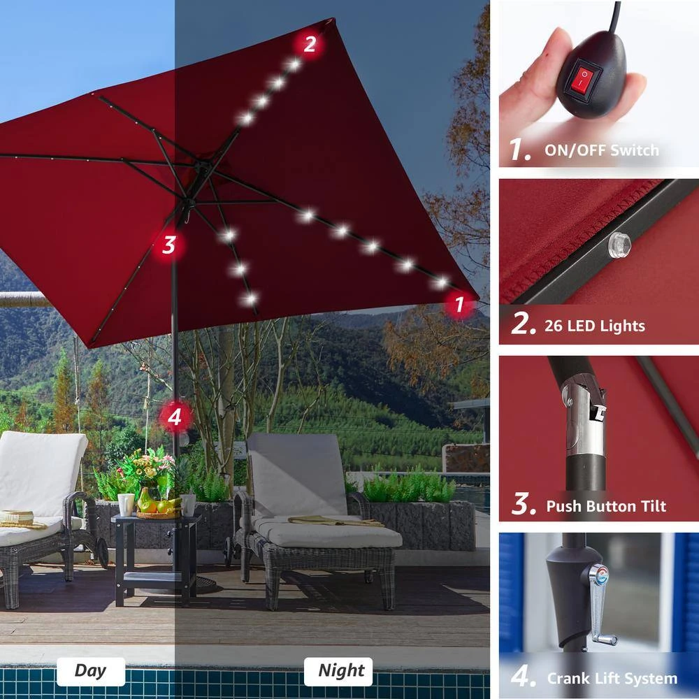 6.5 Ft. X 10 Ft. Steel Lighted Market Tilt Solar Umbrella With Crank In Red 6 6.5 Ft. X 10 Ft. Steel Lighted Market Tilt Solar Umbrella With Crank In Red - Image 6